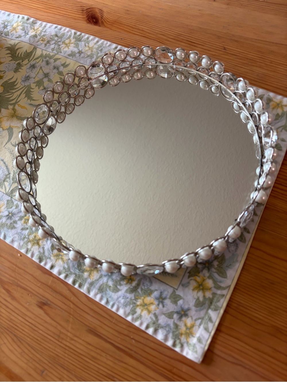 Mirrored Round  Vanity Tray Pearl and Jewel Rimmed 11”